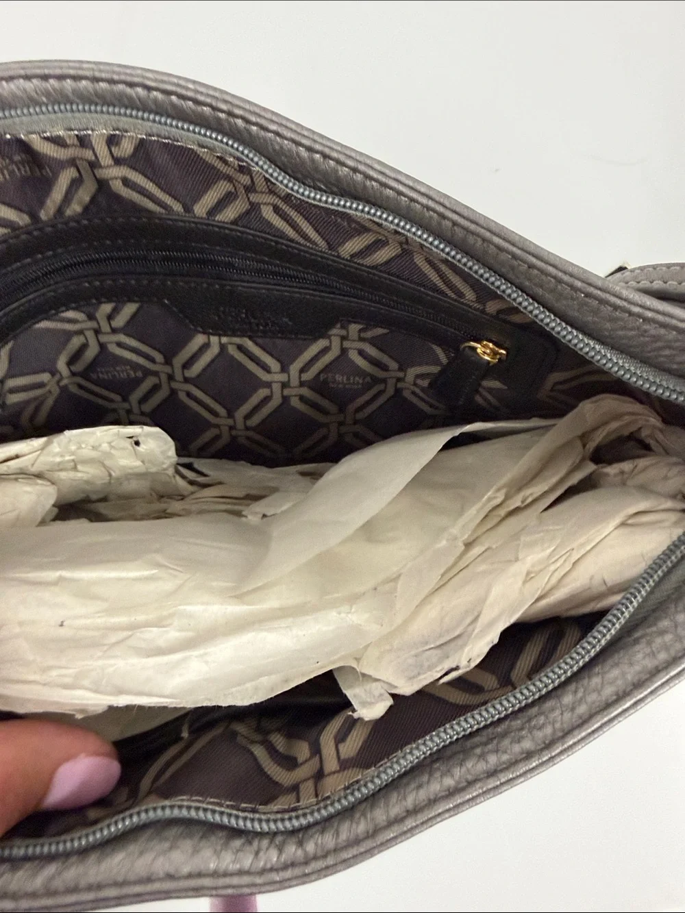 New flawed Perlina Two-Tone silver  and Black Leather Wristlet clutch